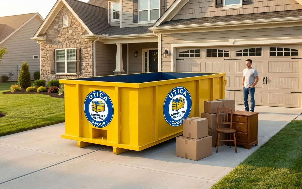 A flat-priced roll-off dumpster on a Utica, NY driveway