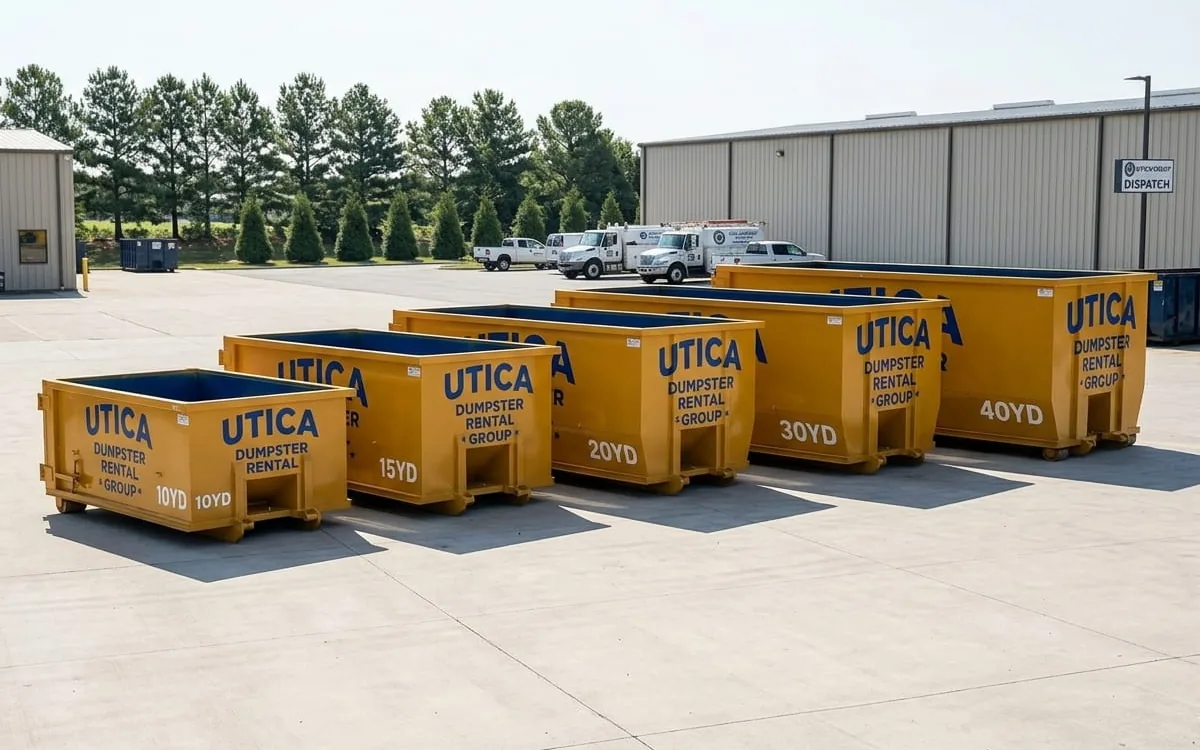 10, 15, 20 and 30 yard roll-off dumpsters lined up in Utica, NY