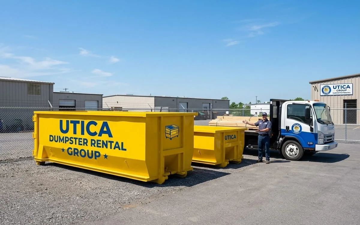 Construction and demolition debris loaded in a roll-off dumpster in Utica, NY